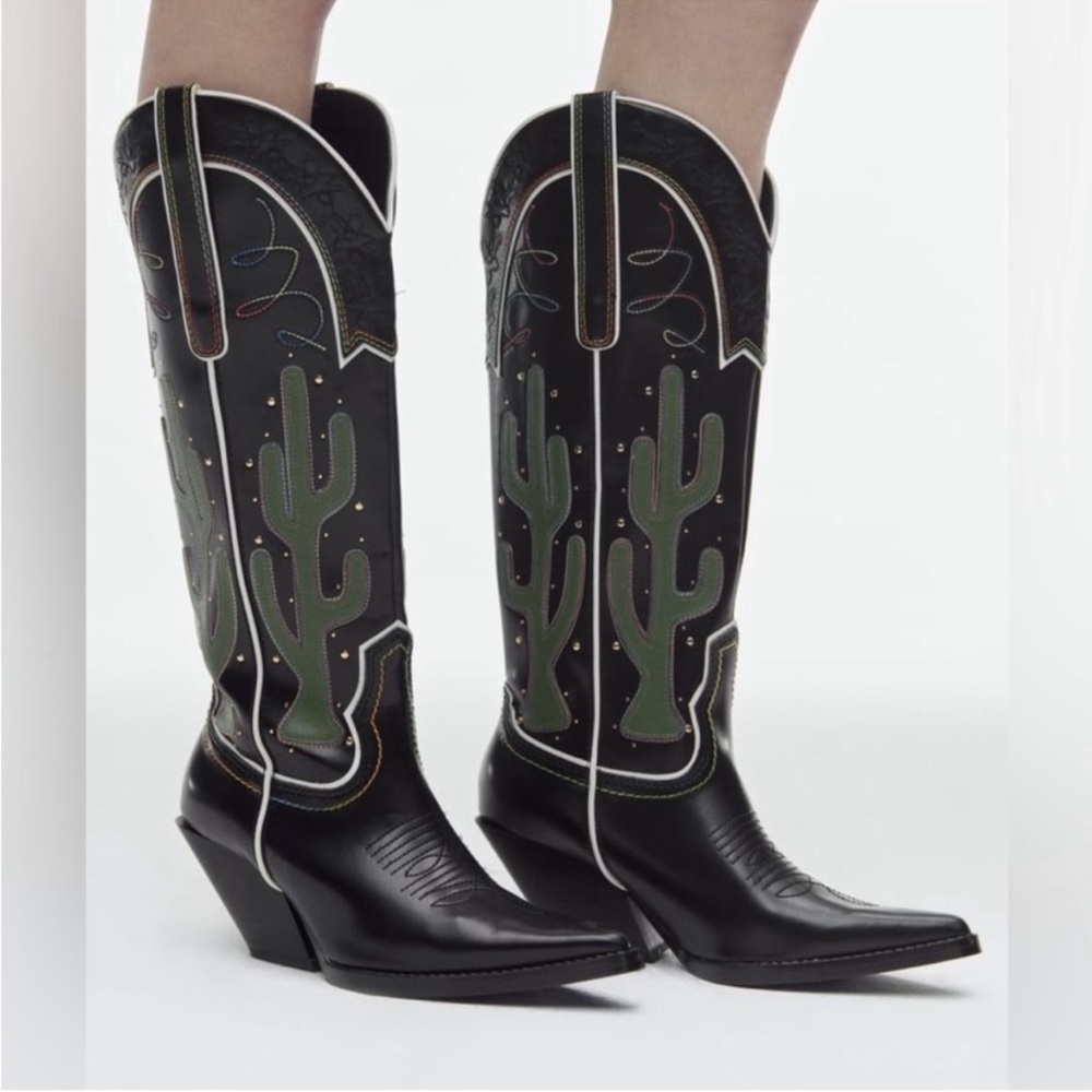 ZARA CONTRASTING KNEE HIGH CACTUS COWBOY BOOTS
